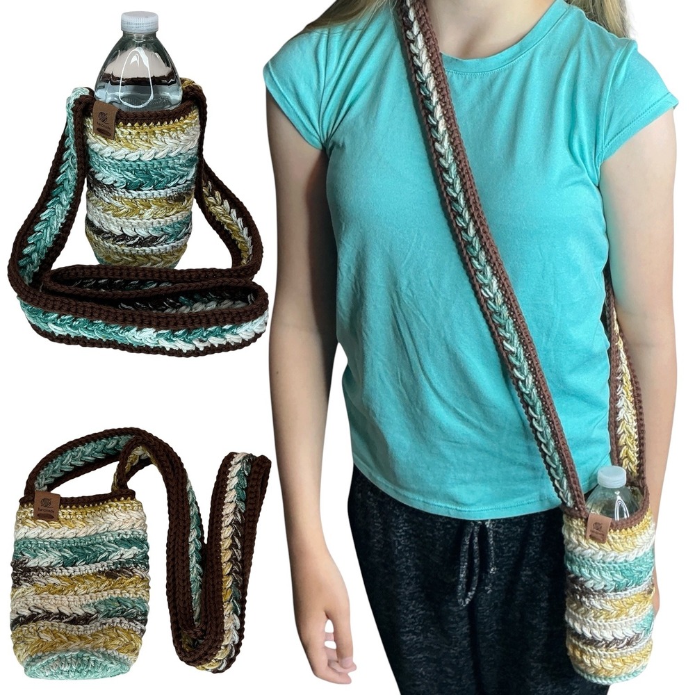 Handmade Multicolor Crochet Water Bottle Holder Bag Wheat Stitch Boho Crossbody